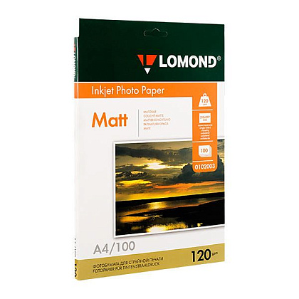 Фотобумага матовая для струйной фотопечати "Lomond", А4, 100 листов, 120 г/м2