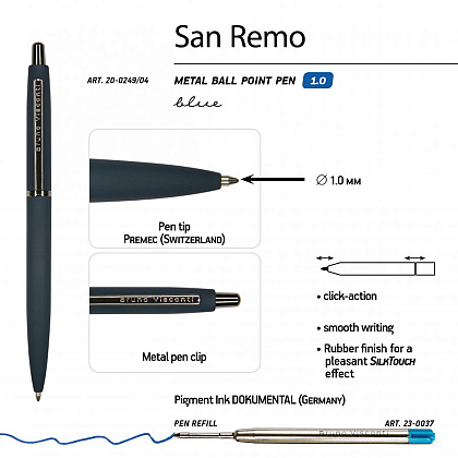 Ручка шариковая автоматическая "San Remo", 1.0 мм, темно-синий, серебристый, стерж. синий - 3