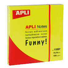 Бумага для заметок на клейкой основе "Funny notes", 75x75 мм, 100 листов, флуоресцентный желтый