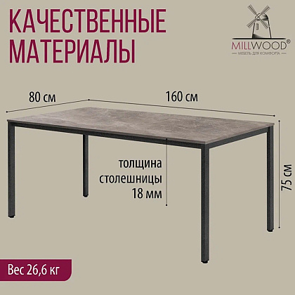 Коллекция Millwood Стол Сеул ЛДСП, 1600x800, 18 мм, бетон, металл графит - 4