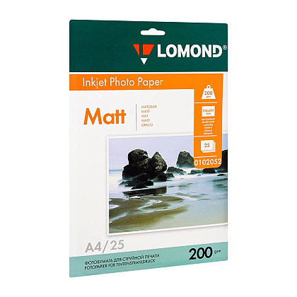 Фотобумага матовая для струйной фотопечати "Lomond", А4, 25 листов, 200 г/м2