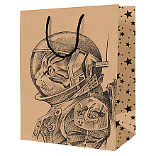 Пакет бумажный подарочный "Space Cat",18x23x10 см, крафт