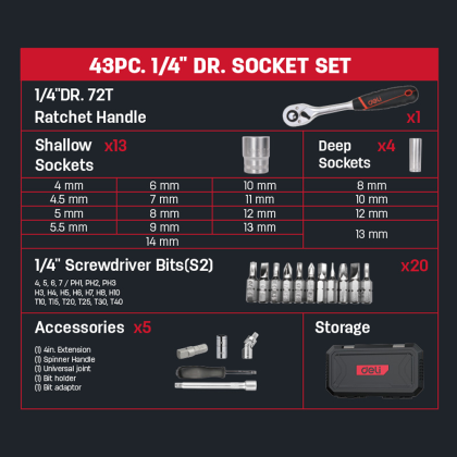 Набор инструмента 1/4" Deli RS EDQ41043, 43 шт - 3