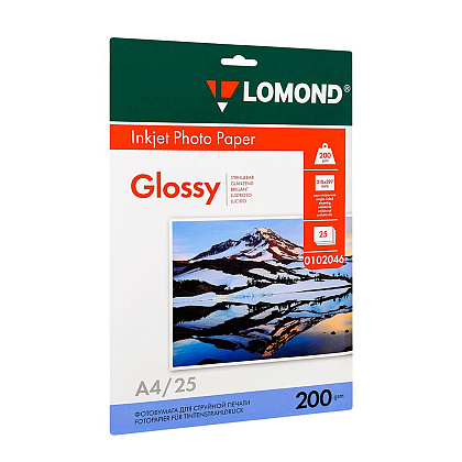 Фотобумага глянцевая для струйной фотопечати "Lomond", А4, 25 листов, 200 г/м2