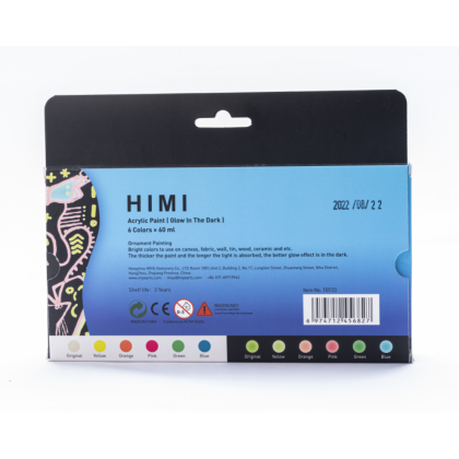 Краски акриловые "Himi", 6 цветов, светящиеся в темноте, флаконы - 12