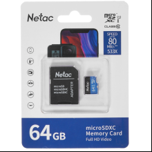 Карта памяти MicroSDXC "Netac P500 Standard", 64GB, U1/C10, с адаптером