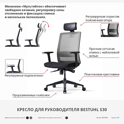 Кресло для руководителя BESTUHL "S30", сетка, ткань, пластик, черный - 10