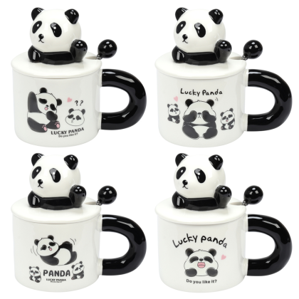 Кружка керамическая "Lucky panda", 370 мл, с крышкой и ложкой, ассорти