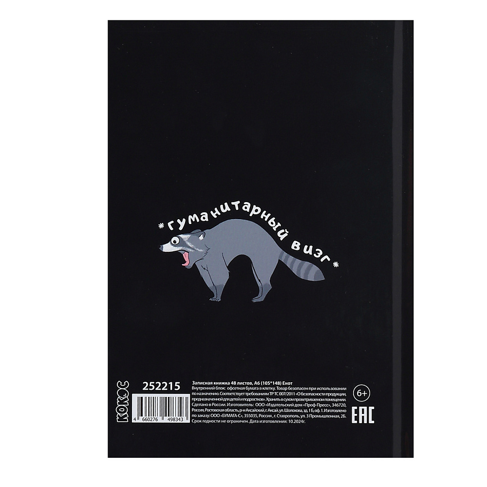 Книга записная "Енот", А6, 105x148 мм, 48 листов, в клетку, черный - 3