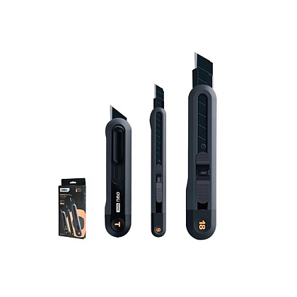 Набор ножей строительных Deli HS EHT4003, 3 шт (ножи 9мм/18мм/трапеция), Soft Touch, черный