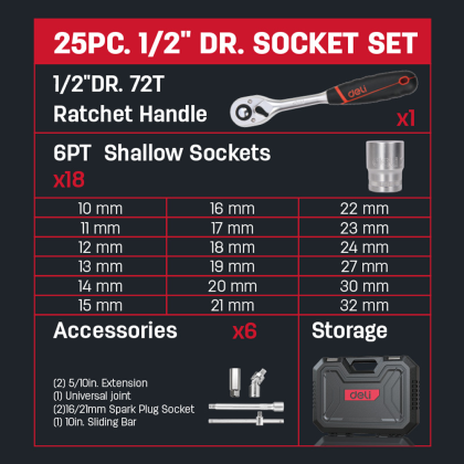 Набор инструмента 1/2" Deli RS EDQ43025, 25 шт. - 3