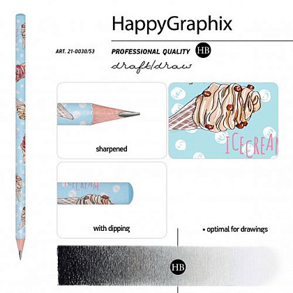 Карандаш чернографитный "HappyGraphix. Сахарный рожок", HВ, без ластика, голубой, белый - 3