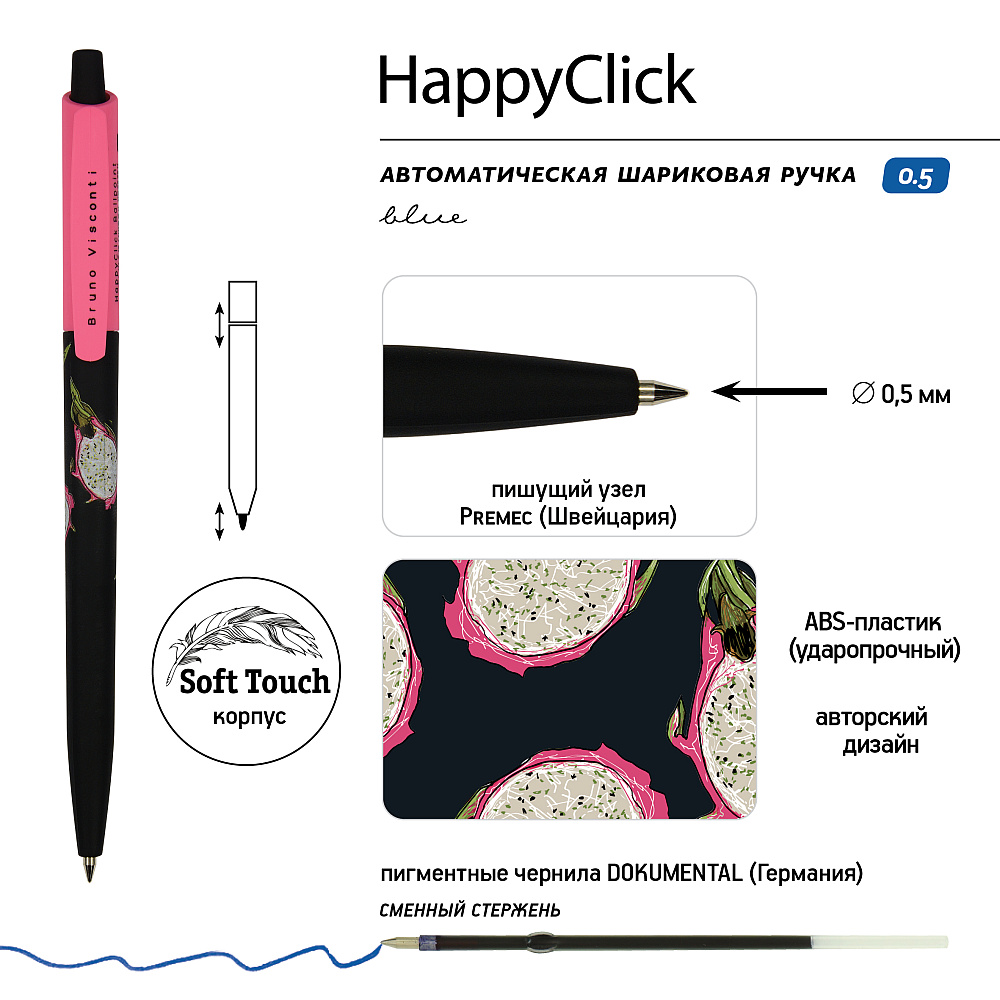 Ручка шариковая автоматическая "HappyClick. Fresh & fruity. Питахайя", 0.5 мм, розовый, черный, стерж. синий - 2
