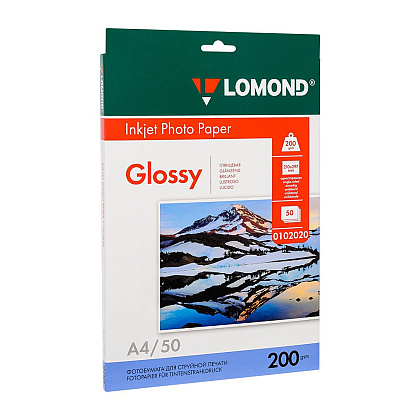 Фотобумага глянцевая для струйной фотопечати "Lomond", А4, 50 листов, 200 г/м2