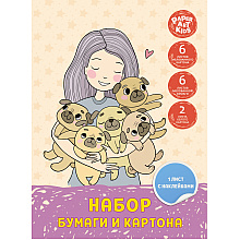 Набор картона и цветной бумага "Девочка со щенками", А4, 6 цветов, 15 листов