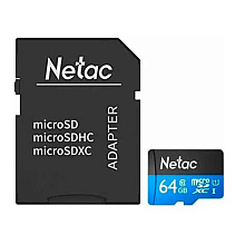 Карта памяти MicroSDXC "Netac P500 Standard", 64GB, U1/C10, с адаптером