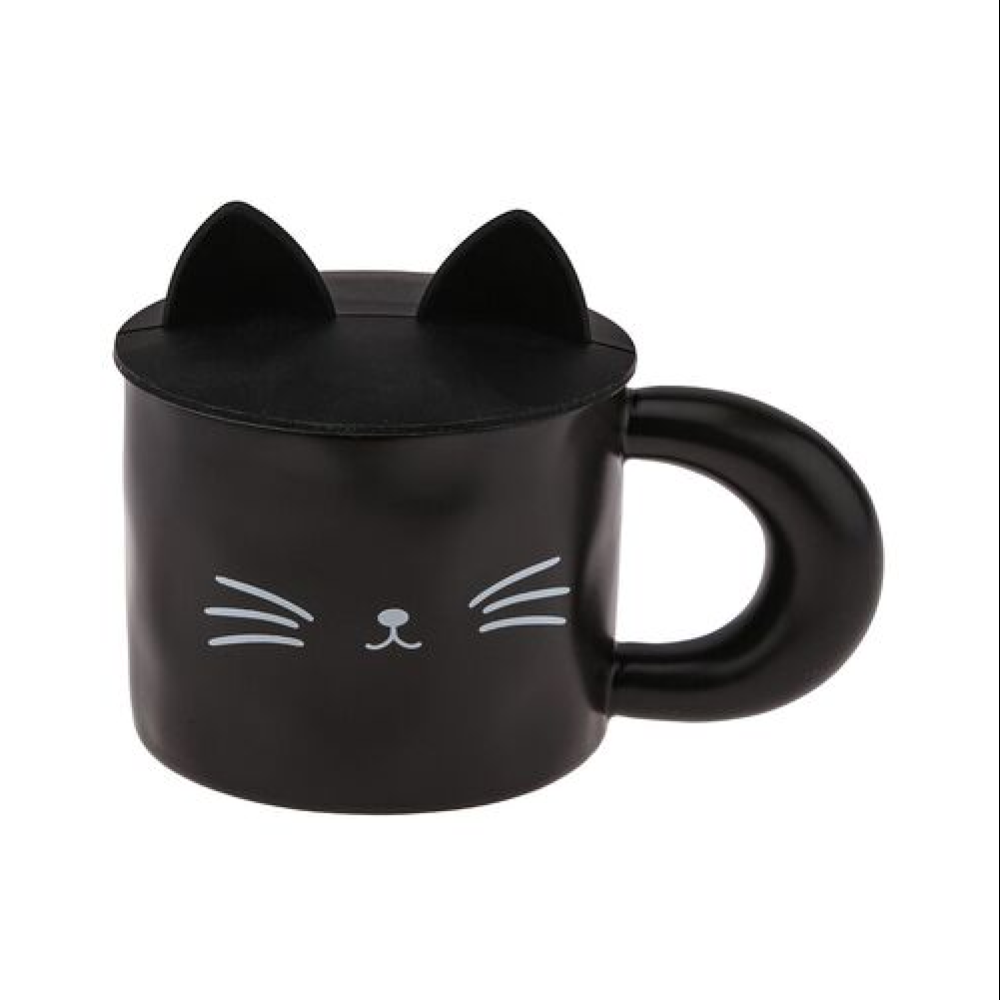 Кружка керамическая "Simple cat" с крышкой, 380 мл, черный