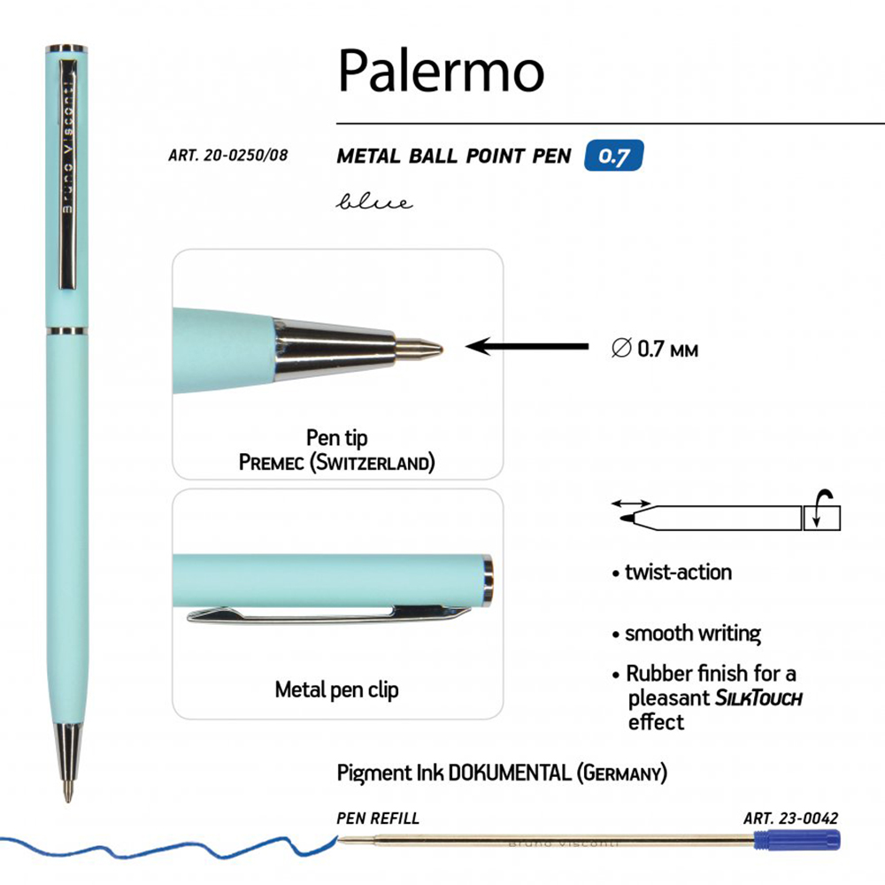 Ручка шариковая автоматическая "Palermo", 0.7 мм, нежно-голубой, серебристый, стерж. синий - 2