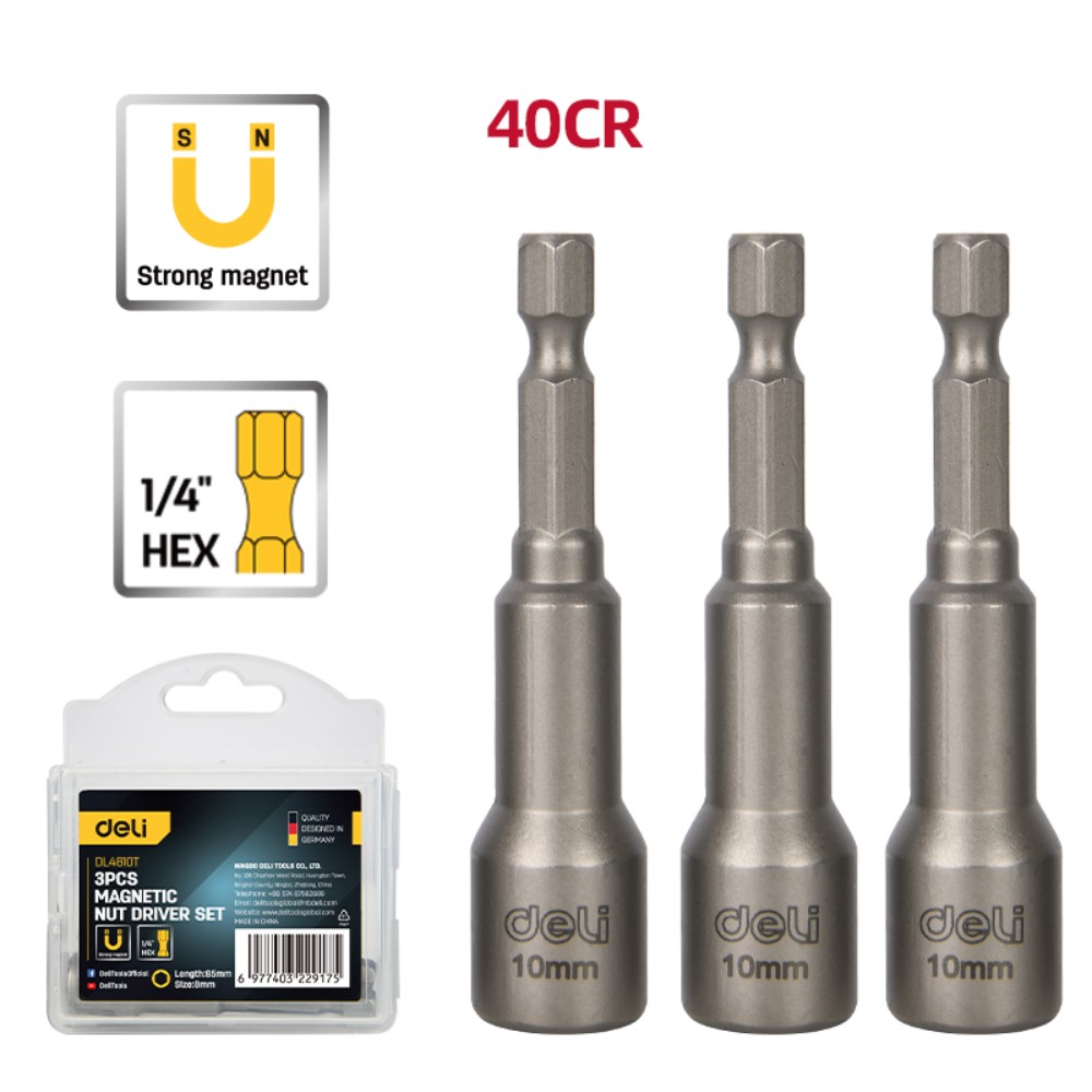 Набор насадок шестигранных магнитных Deli YS EDL4810T, 10 мм, 3 шт, HEX 1/4", серебристый - 2