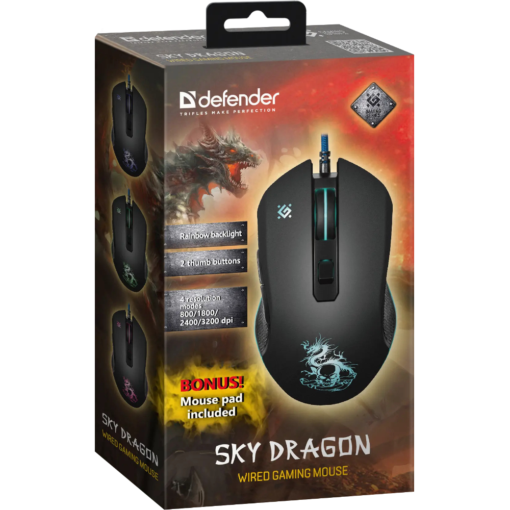 Набор мышь и коврик "Defender Sky Dragon GM-090L", оптич.,проводная, черная, 800-3200dpi - 2