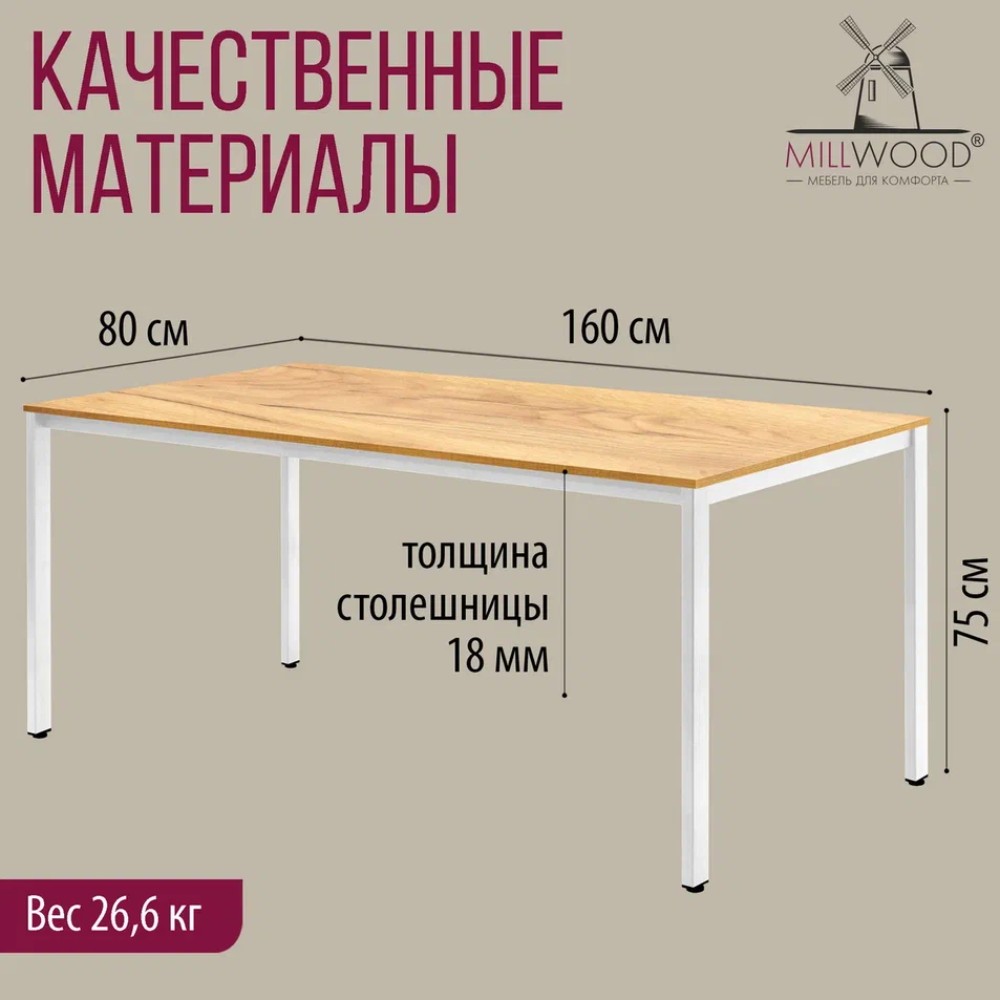Стол Millwood Сеул, 1600х800 мм, дуб золотой крафт, белый - 4