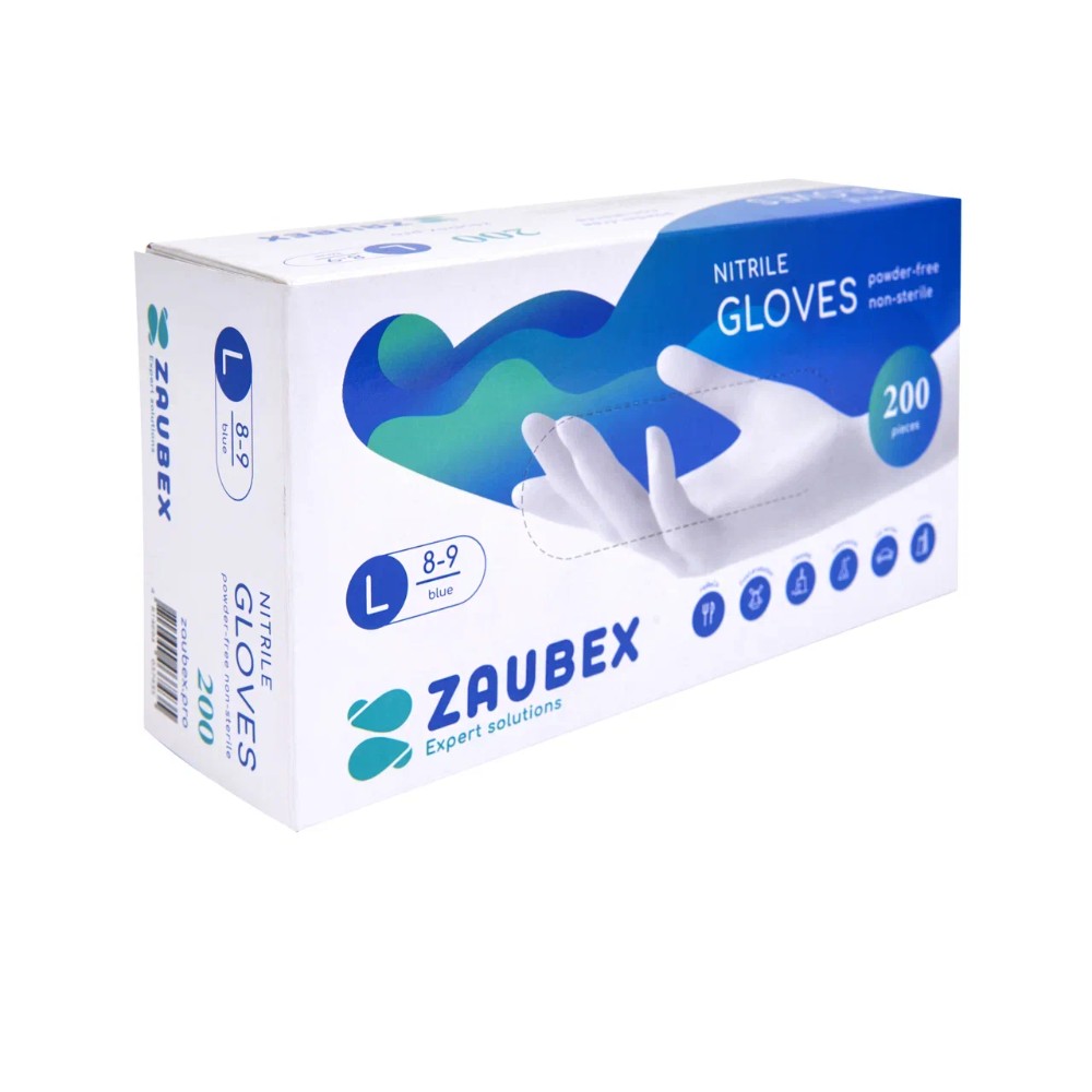 Перчатки нитриловые неопудренные Zaubex, одноразовые, р-р L, 200 шт/уп, голубой - 2