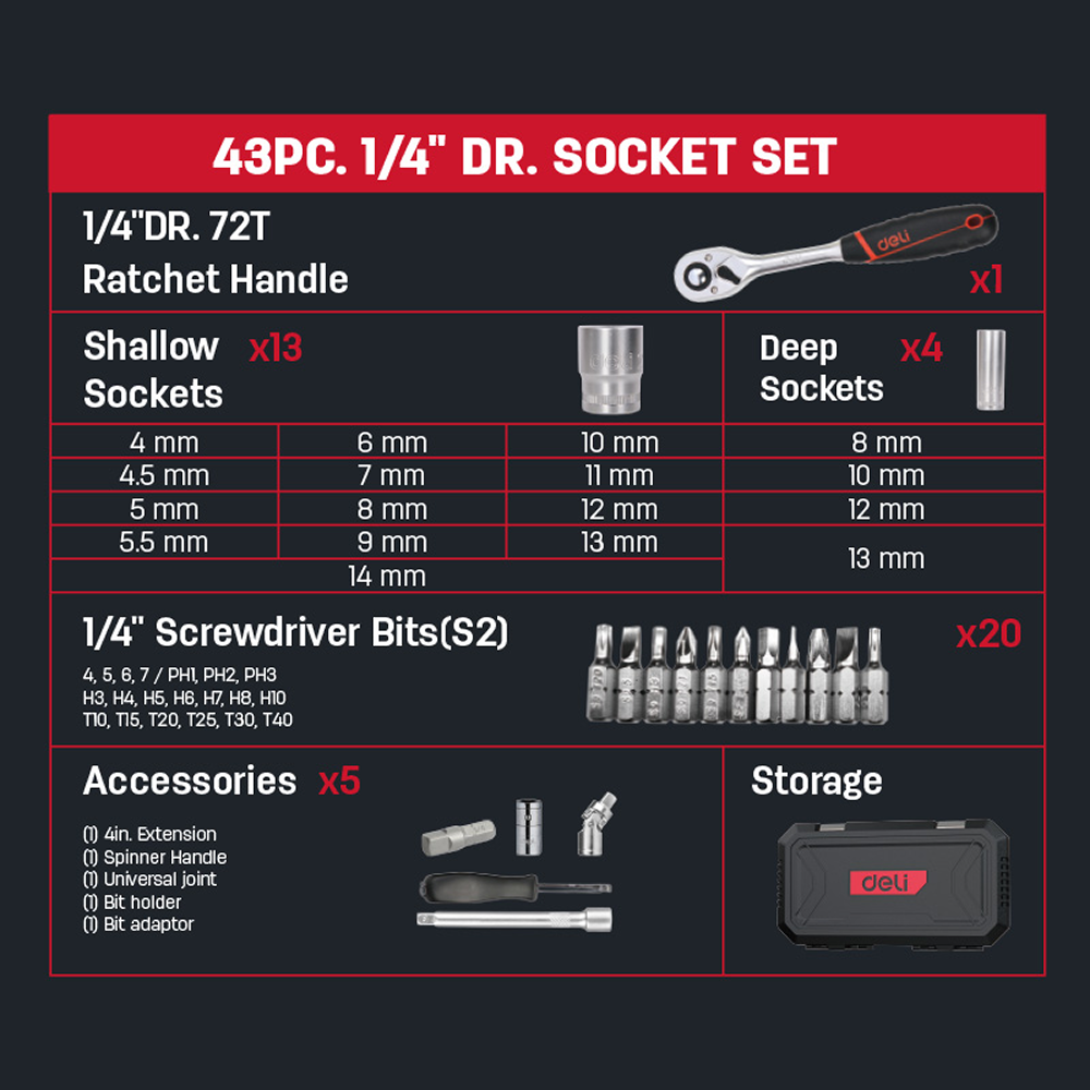 Набор инструмента 1/4" Deli RS EDQ41043, 43 шт - 3