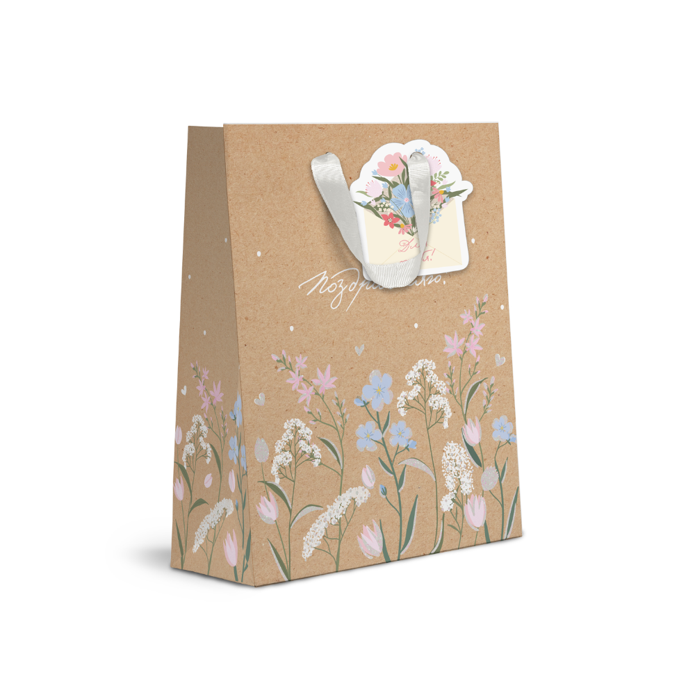 Пакет бумажный подарочный "Spring Flowers", 18х23х10 см, крафт, ассорти - 4