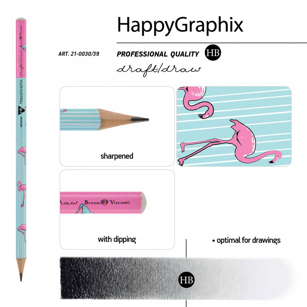 Карандаш чернографитный "HappyGraphix. Фламинго", HВ, без ластика, голубой, розовый - 3