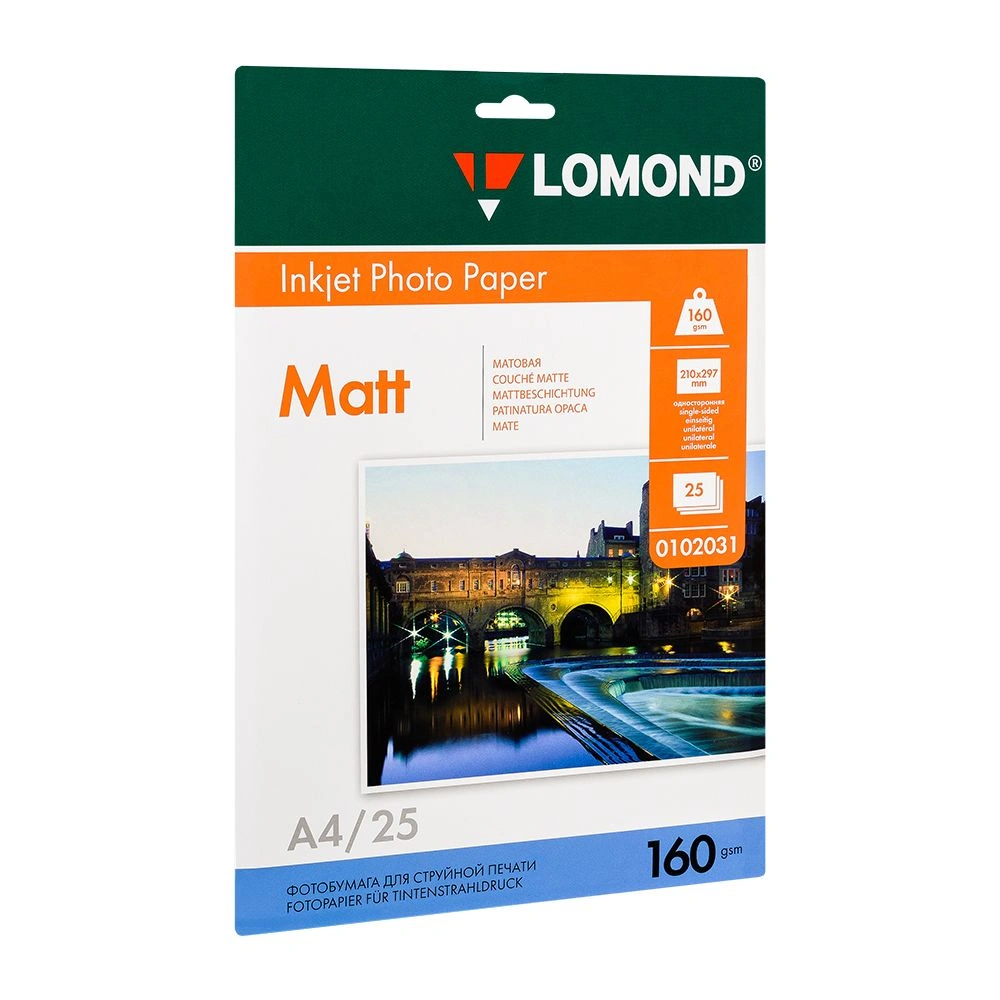 Фотобумага матовая для струйной фотопечати "Lomond", А4, 25 листов, 160 г/м2