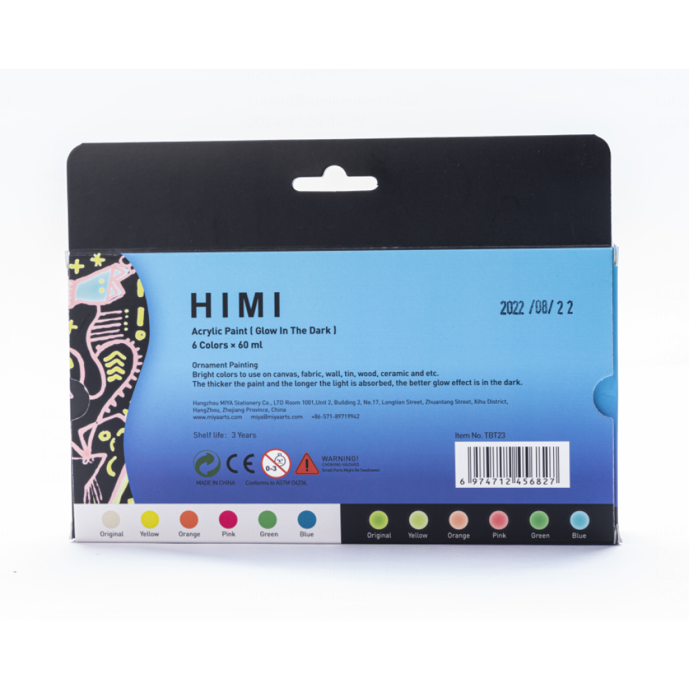 Краски акриловые "Himi", 6 цветов, светящиеся в темноте, флаконы - 12