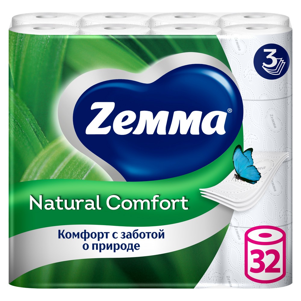 Бумага туалетная Zemma Natural Comfort, 32 рулона, 3 слоя, белый 