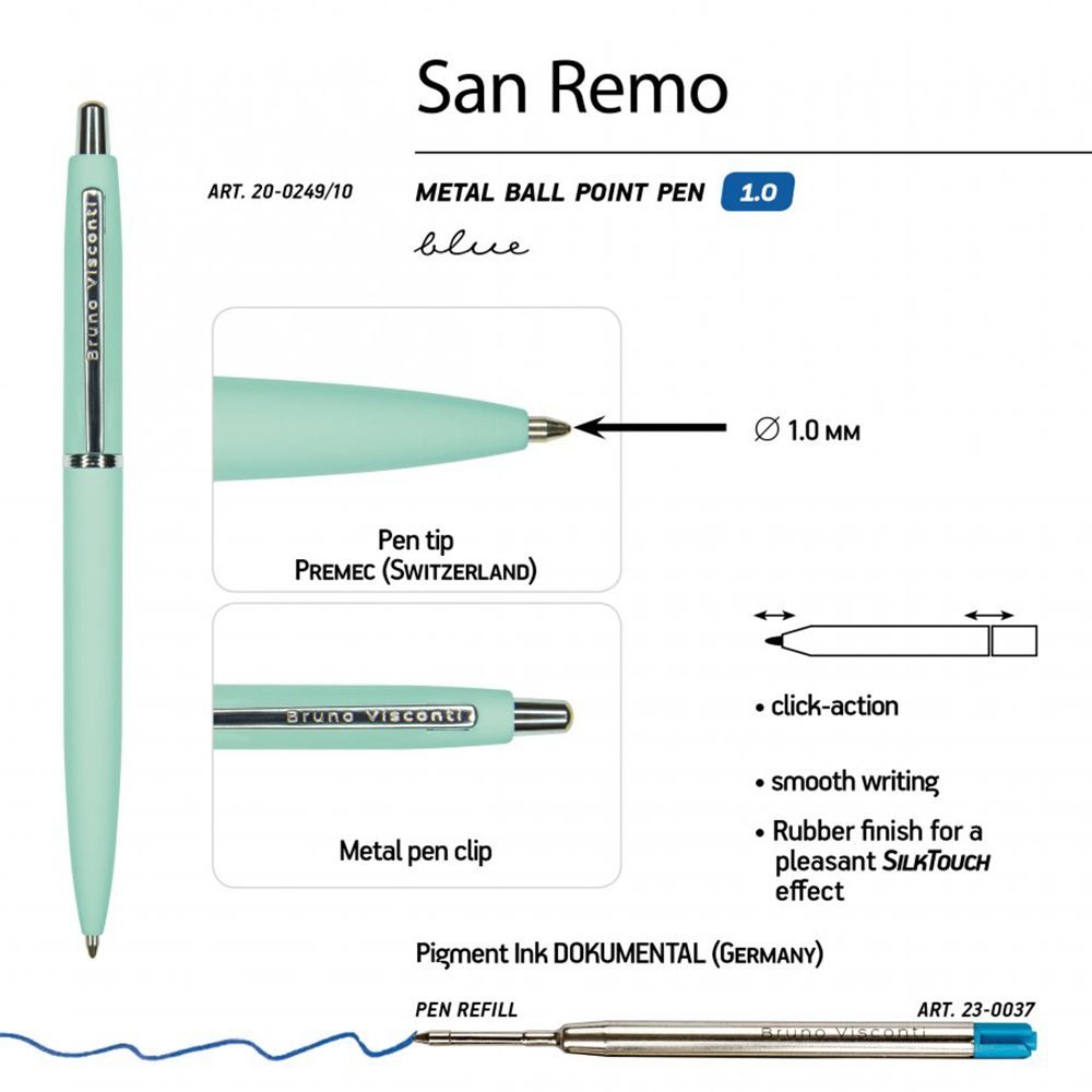 Ручка шариковая автоматическая "San Remo", 1.0 мм, мятный, серебристый, стерж. синий - 3