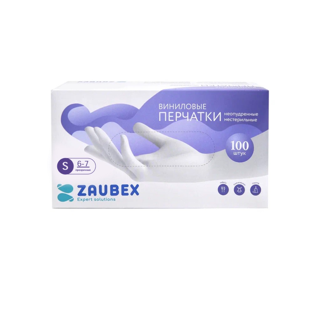 Перчатки виниловые Zaubex, одноразовые, р-р S, 100 шт/уп, прозрачный
