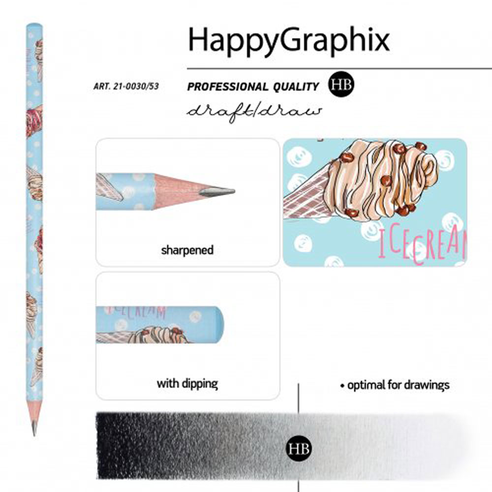 Карандаш чернографитный "HappyGraphix. Сахарный рожок", HВ, без ластика, голубой, белый - 3