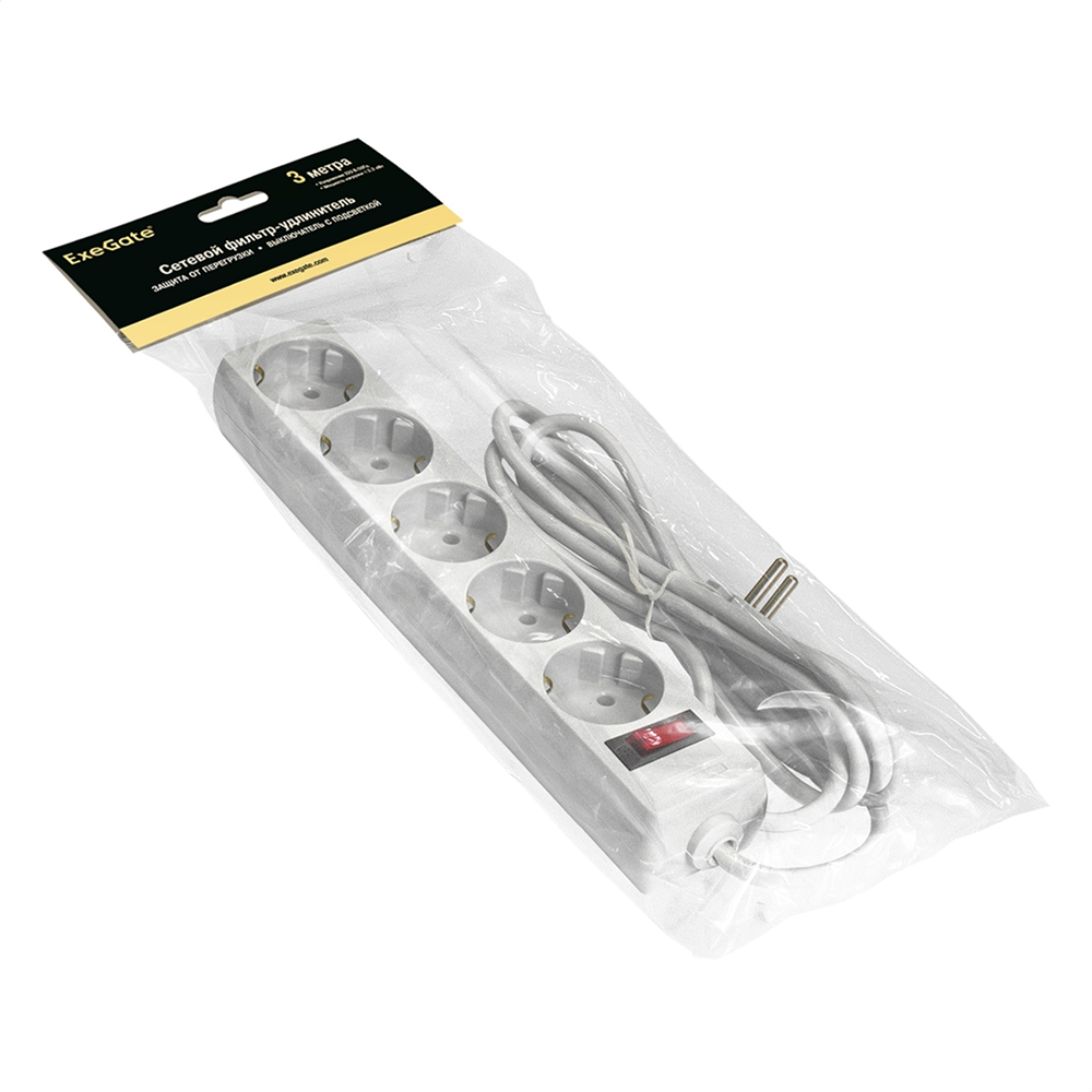 Сетевой фильтр ExeGate SP-5-3W, EX221187RUS, 5 розеток, 3 м, белый - 2