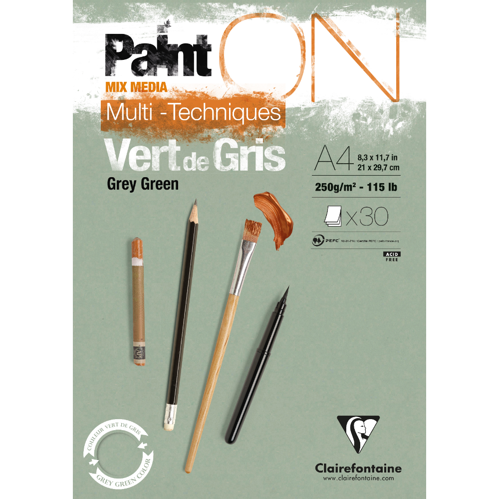 Блок-склейка Clairefontaine "Paint'On", А4, 250 г/м2, 30 листов, серо-зеленый