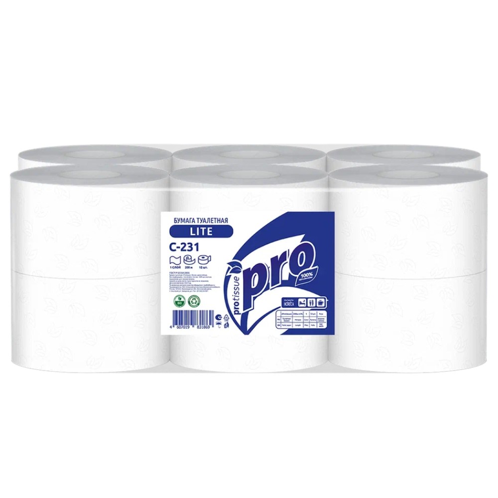 Бумага туалетная  PROtissue 200м, 1 слой, 100% целлюлоза
