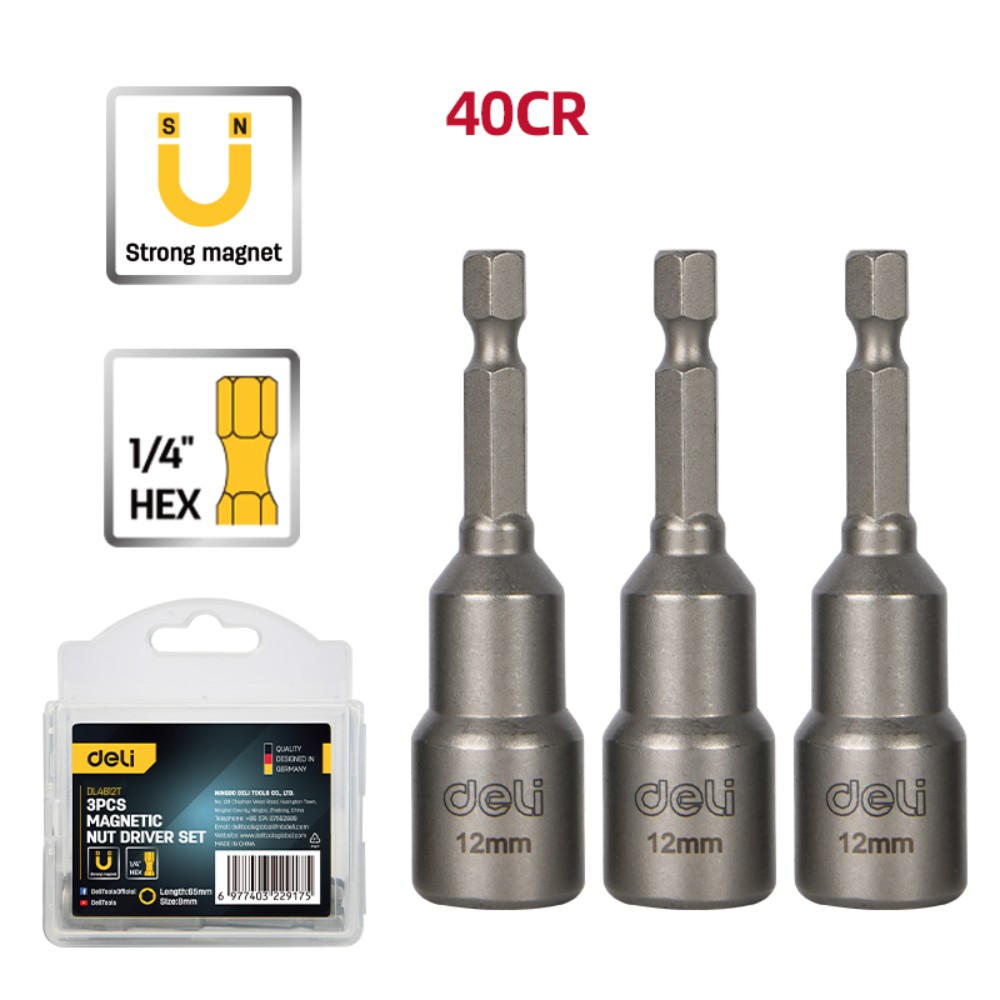 Набор насадок шестигранных магнитных Deli YS EDL4812T, 12 мм, 3 шт, HEX 1/4", серебристый - 2